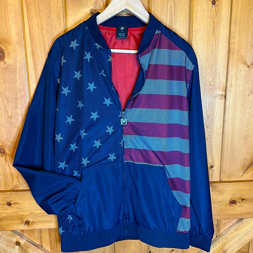 Red white and Blue Flag Patriotic Blue Gear as Medium light weight Jacket coat